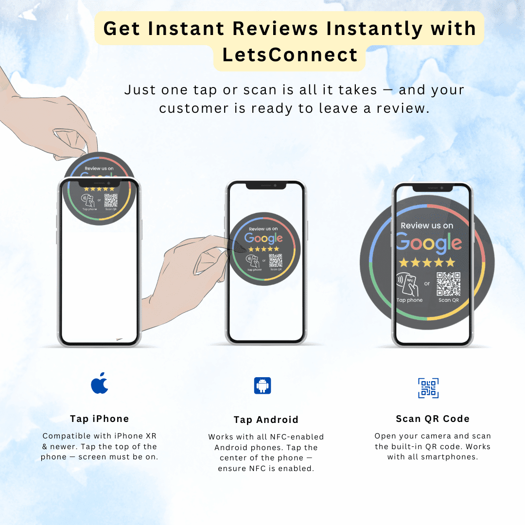 Black Google Review NFC sticker in use