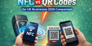 NFC vs QR Codes comparison for UK businesses in 2026 showing contactless NFC and QR code scanning technology
