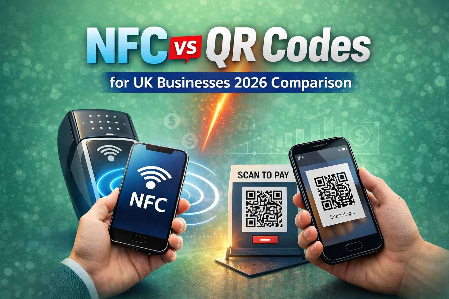 NFC vs QR Codes comparison for UK businesses in 2026 showing contactless NFC and QR code scanning technology